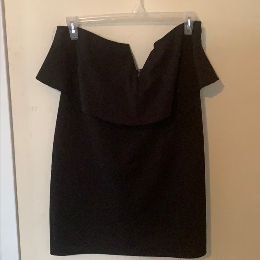 Strapless black dress.